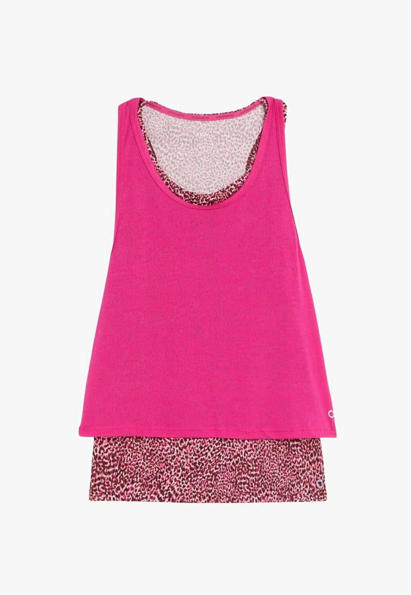 Débardeur rose avec une sous-couche imprimée léopard. Fabriqué en matériau léger, il présente un col rond et une coupe ample.