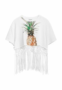 Biele skrátené tričko s farebnou grafikou ananásu a bielym strapcovým lemom. Vyrobené z mäkkej tkaniny, poskytuje voľný strih.