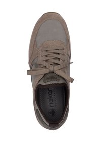 Brown suede and mesh sneaker with a lace-up design, featuring a padded collar, branding on the tongue, and a textured insole.