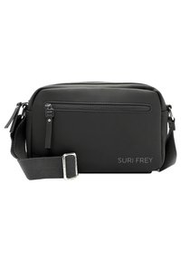 Borsa nera, rettangolare, realizzata in materiale liscio. Presenta una chiusura con zip superiore, una tasca con zip frontale, una tracolla regolabile e un logo discreto.
