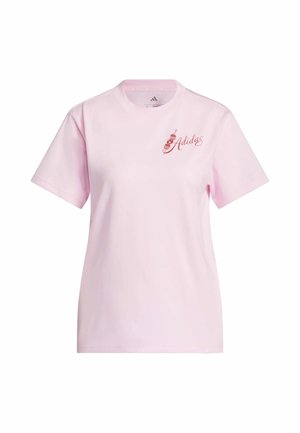 Różowy bawełniany t-shirt z krótkimi rękawami, z czerwonym stylizowanym logo na piersi. Klasyczny okrągły dekolt, gładka faktura.