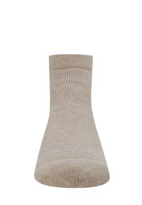 Beżowe skarpetki kostki z prążkowanym wzorem o gładkiej teksturze, zaokrąglonym palcem i dopasowanym mankietem. Zaprojektowane z myślą o komforcie i trwałości.