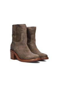 Pair of mid-calf brown suede boots with rounded toes and stacked wooden block heels, displayed on a white background.