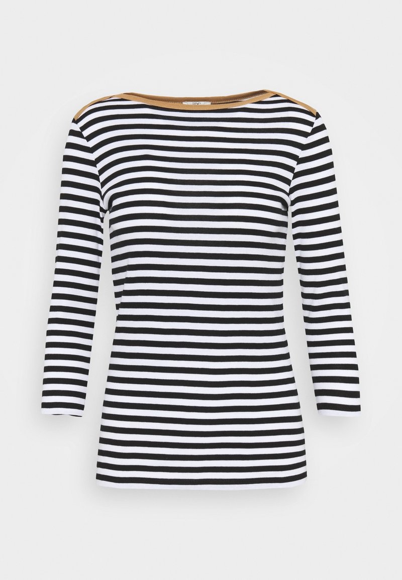 Maglietta a maniche lunghe a righe bianche e nere con collo rotondo e dettagli beige sulle spalle, realizzata in un tessuto leggero e morbido.