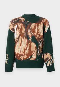 Σκούρο πράσινο πλεκτό πουλόβερ με μεγάλο, λεπτομερειακό καφέ και μπεζ σχέδιο αλόγου στο μπροστινό μέρος και στα μανίκια.