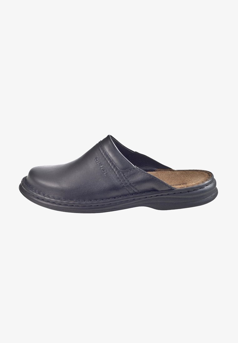 Schwarzer Leder-Schlüpfschuh mit runder Zehenpartie, gesteppten Details auf dem Obermaterial und einer strukturierten, gepolsterten Innensohle. Leichte Gummisohle.