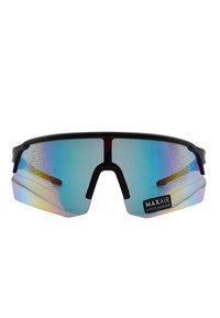 Occhiali da sole con montatura nera e ampi lenticolari blu specchiati che mostrano un effetto iridescente colorato. Presenta l'etichetta di protezione UV400.