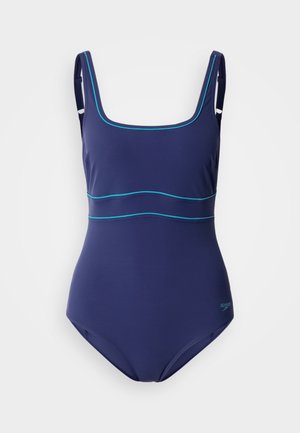Navy blue one-piece swimsuit with a square neckline, thin straps, and contrasting turquoise stitching along the bodice and waist.