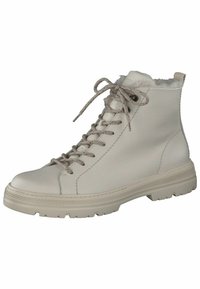 Białe skórzane botki za kostkę o teksturowanej powierzchni, z sznurowanym przodem i wyściółką wokół kostki. Posiadają wytrzymałą gumową podeszwę zapewniającą przyczepność.