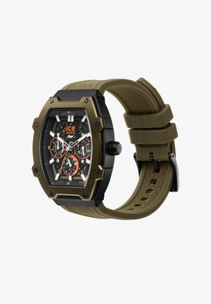 Achtkantige schwarze und olivgrüne Uhr mit einem strukturierten Armband, transparentem Zifferblatt und schwarzen/orangen Ziffern, die Chronographenfunktionen anzeigen.