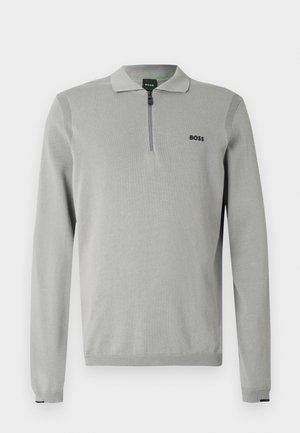 Gray pullover with a zip collar, featuring ribbed accents on shoulders and cuffs. Includes a small black "BOSS" logo on the chest.