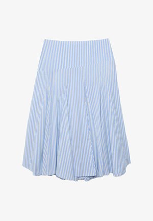 Jupe jusqu'aux genoux à rayures verticales bleu clair et blanc, avec une large ceinture et un design plissé.