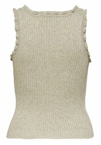 Camiseta sin mangas en beige claro con textura acanalada, forma ajustada, costuras con volantes en los hombros y tela texturizada. Diseño simple y versátil.