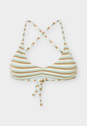 Pruhovaný horní díl bikin s tenkými překříženými ramenními popruhy a zavazováním vpředu, s proužky střídavě světle modré, bílé a béžové barvy.