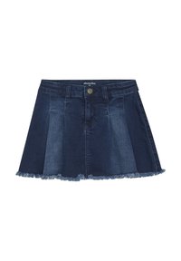 Donzen rok in donkerblauw met een geplisseerd ontwerp, rafelige zoom en knoopsluiting aan de voorkant; klassieke vijf-pocket stijl.