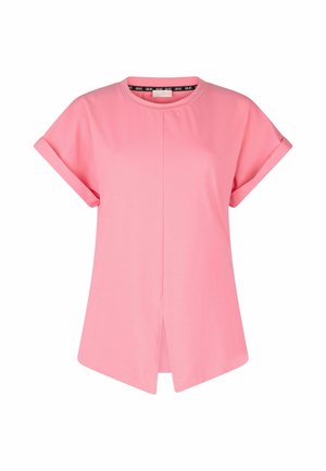 T-shirt rose à manches courtes avec un col rond, un design à l'avant fendu, en tissu doux et avec des manches retroussées.