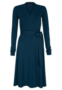 Teal wrap dress made of soft fabric, featuring long sleeves, a tie belt at the waist, and a flared skirt that falls below the knee.