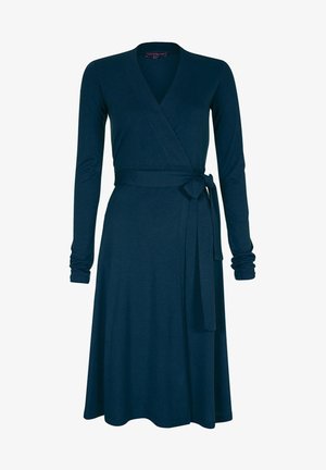 Abito a portafoglio in verde acqua realizzato in tessuto morbido, con maniche lunghe, una cintura da annodare in vita e una gonna svasata che scende sotto il ginocchio.