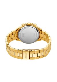 Goldfarbene Edelstahl-Uhr mit einem Gliederarmband. Sie verfügt über eine polierte Oberfläche, zwei Seitentasten und eine glatte, gravierte Gehäuserückseite.