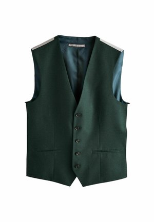 Green wool vest with a deep V-neck, five dark buttons, and two front pockets. Lined with a patterned teal fabric. Features gray shoulder accents.