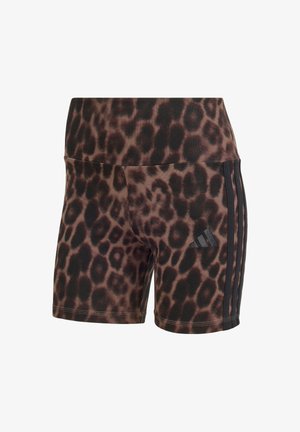 High-waisted sportbroekjes met een bruine en zwarte luipaardprint, zwarte zijstrepen en een klein zwart Adidas-logo op de linker dij.