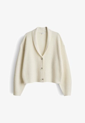 Cardigan lavorato a maglia color crema con collo sciallato, quattro bottoni e silhouette corta. Presenta una texture a coste e maniche larghe.