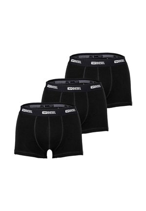 Three black Diesel boxer briefs with branded elastic waistbands, displayed against a white background.