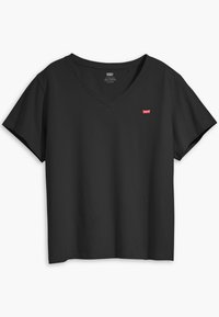 Black short-sleeve v-neck t-shirt made of cotton, featuring a small red Levi's logo on the left chest area. Smooth texture, relaxed fit.