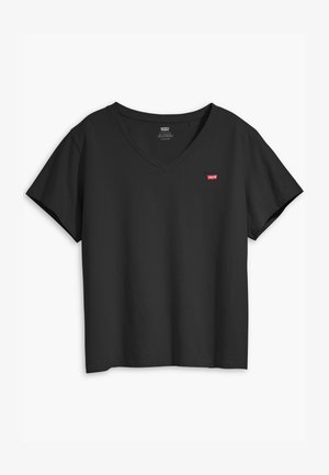 T-shirt preto de manga curta com decote em V, feito de algodão, com um pequeno logo vermelho da Levi's na área do peito esquerdo. Textura suave, ajuste descontraído.