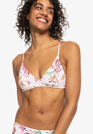 Bloemenbikini-top met driehoekige cups, met een witte basis en kleurrijke roze en groene bloemenpatronen. Verstelbare dunne bandjes.