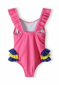 Maillot de bain une pièce rose avec des bretelles à volants, mettant en avant des volants superposés bleu et jaune sur les côtés. Tissu lisse, design sportif.