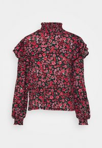 Blommig blus med hög volangkrage, svart bakgrund, prydd med röda och rosa blommor, långa puffärmar och en lös passform.