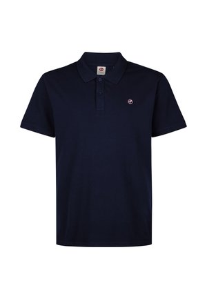 Polo a maniche corte blu navy con due bottoni e piccolo logo rotondo sul lato sinistro del petto.