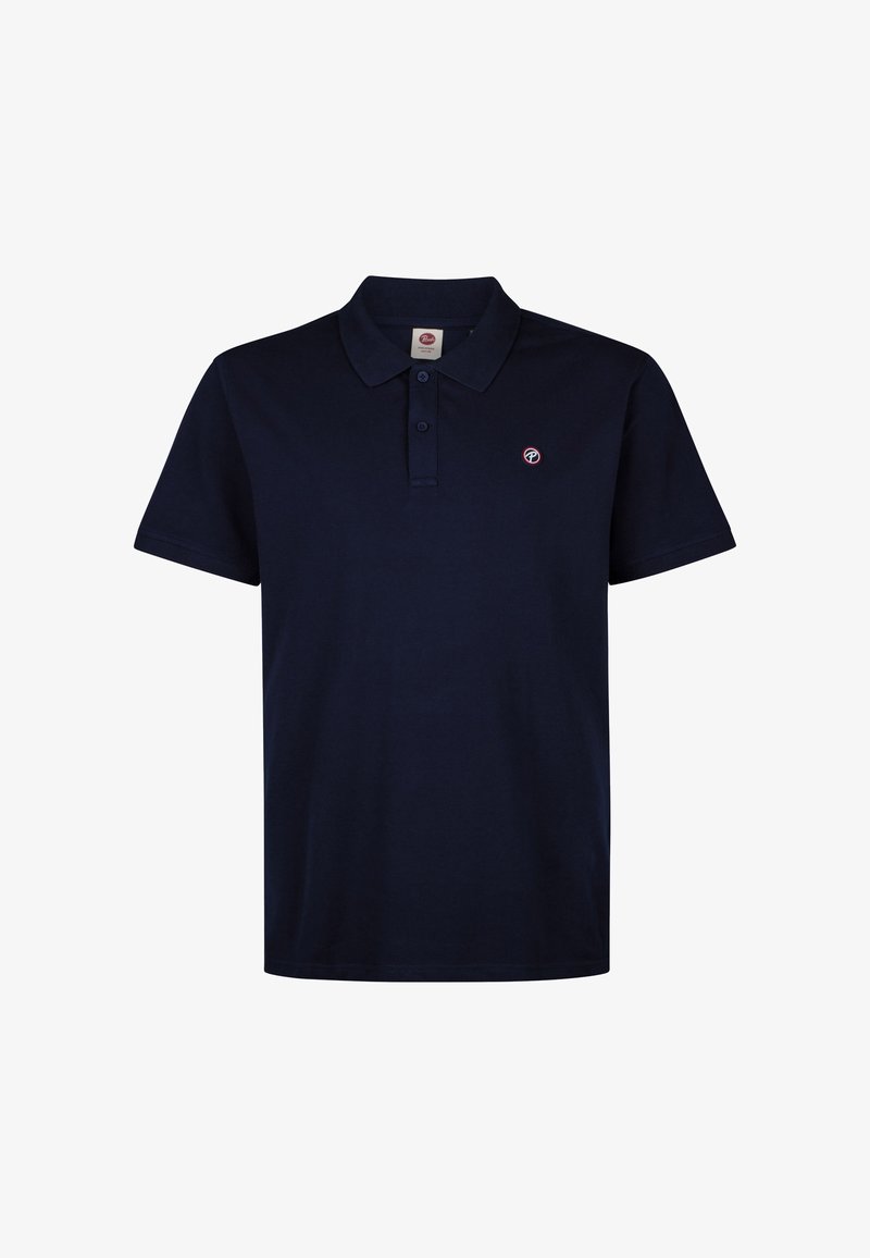Polo bleu marine à manches courtes avec deux boutons et petit logo rond sur le côté gauche de la poitrine.