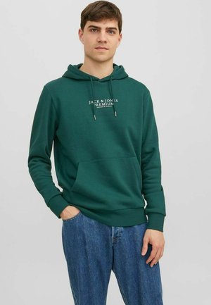 Green hooded sweatshirt with a kangaroo pocket, featuring white logo text at the chest, textured fabric, and a relaxed fit.