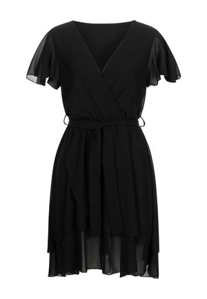 Robe noire à manches flottantes, décolleté en V et ceinture nouée. Fabriquée en tissu léger avec un ourlet fluide et superposé.