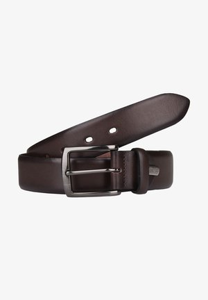 Brown leather belt with a smooth texture, featuring a silver metal buckle and multiple holes for adjustment. Edges are slightly rounded.