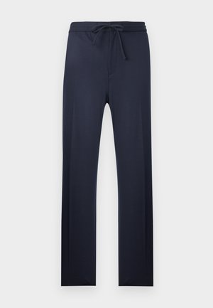 Navy blue straight-leg pants with elastic waistband and front drawstring, designed for casual or loungewear use.