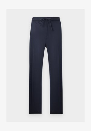 Navy blue straight-leg pants with elastic waistband and front drawstring, designed for casual or loungewear use.