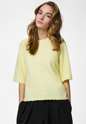 Jeune femme aux cheveux châtain clair ondulés portant un pull à manches courtes jaune pâle et un pantalon plissé noir, debout devant un fond blanc.