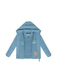 Ljusblå puffjacka med avtagbar huva, dragkedja fram och flera fickor. Innertyg är slätt och innehåller skötselråd.