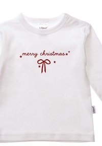 Weißes Langarmshirt mit rotem "Frohe Weihnachten"-Schriftzug, verziert mit einer Schleife und kleinen Sternen, aus weichem Baumwollstoff gefertigt.