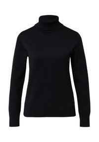 Zwarte coltrui met lange mouwen, ribgebreide kraag en zoom. Gemaakt van een gladde, elastische stof zonder patronen of accenten.
