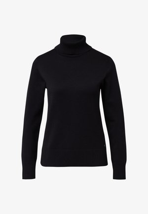 Schwarzer Rollkragenpullover mit langen Ärmeln, geripptem Kragen und Saum. Hergestellt aus einem glatten, dehnbaren Stoff ohne Muster oder Akzenten.