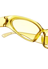 Keltaiset muoviset silmälasit, joissa on geometriset linssit ja kapeat, tyylikkäät varret. Lasit sisältävät erottuvan leikkuuyksityiskohdan ja kevyen läpinäkyvyyden.