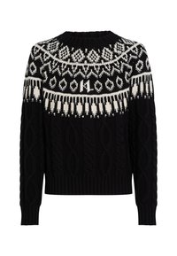 Pull en tricot noir avec un empiècement blanc à motifs et une texture en maille torsadée. Encolure et poignets côtelés pour plus de détails.