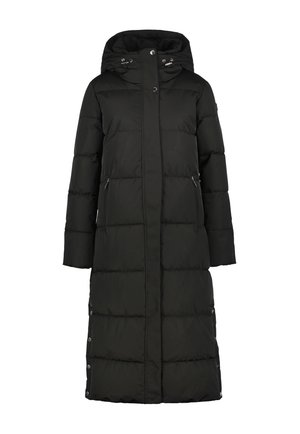 Abrigo de invierno largo acolchado negro con capucha, cremallera frontal, botones de presión en los lados y bolsillos con cremallera a ambos lados.