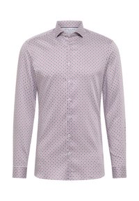 Button-up-Hemd aus gewebter Baumwolle mit einem geometrischen Muster in Rot und Blau auf weißem Hintergrund. Langärmelig und mit normalem Kragen.