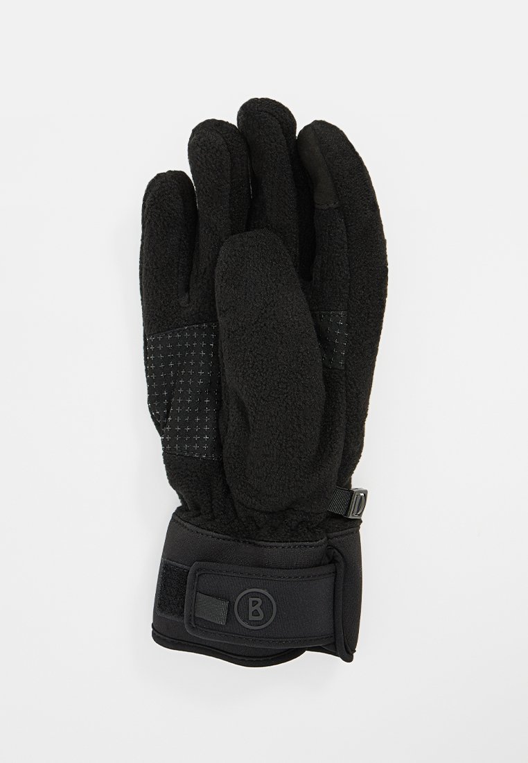 Schwarze Handschuhe aus Fleece mit strukturiertem Griff auf den Handflächen, verstellbarem Handgelenkband und genähten Akzenten. Verfügt über einen verstärkten Daumen.