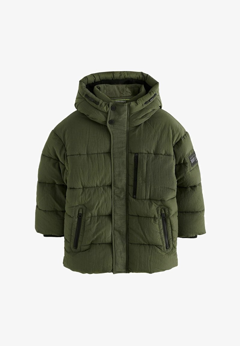 Olivengrüner Puffer-Jacke mit Kapuze, Reißverschlusstaschen an den Seiten und einer Brusttasche. Strukturierter Stoff mit genähten Paneelen.